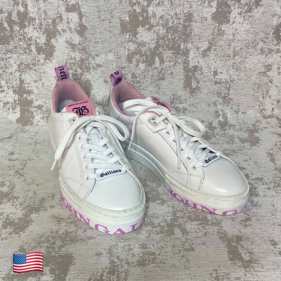 John Galliano Gazette Logo Leather Sneakers in Pink/White - Picture 1 of 9